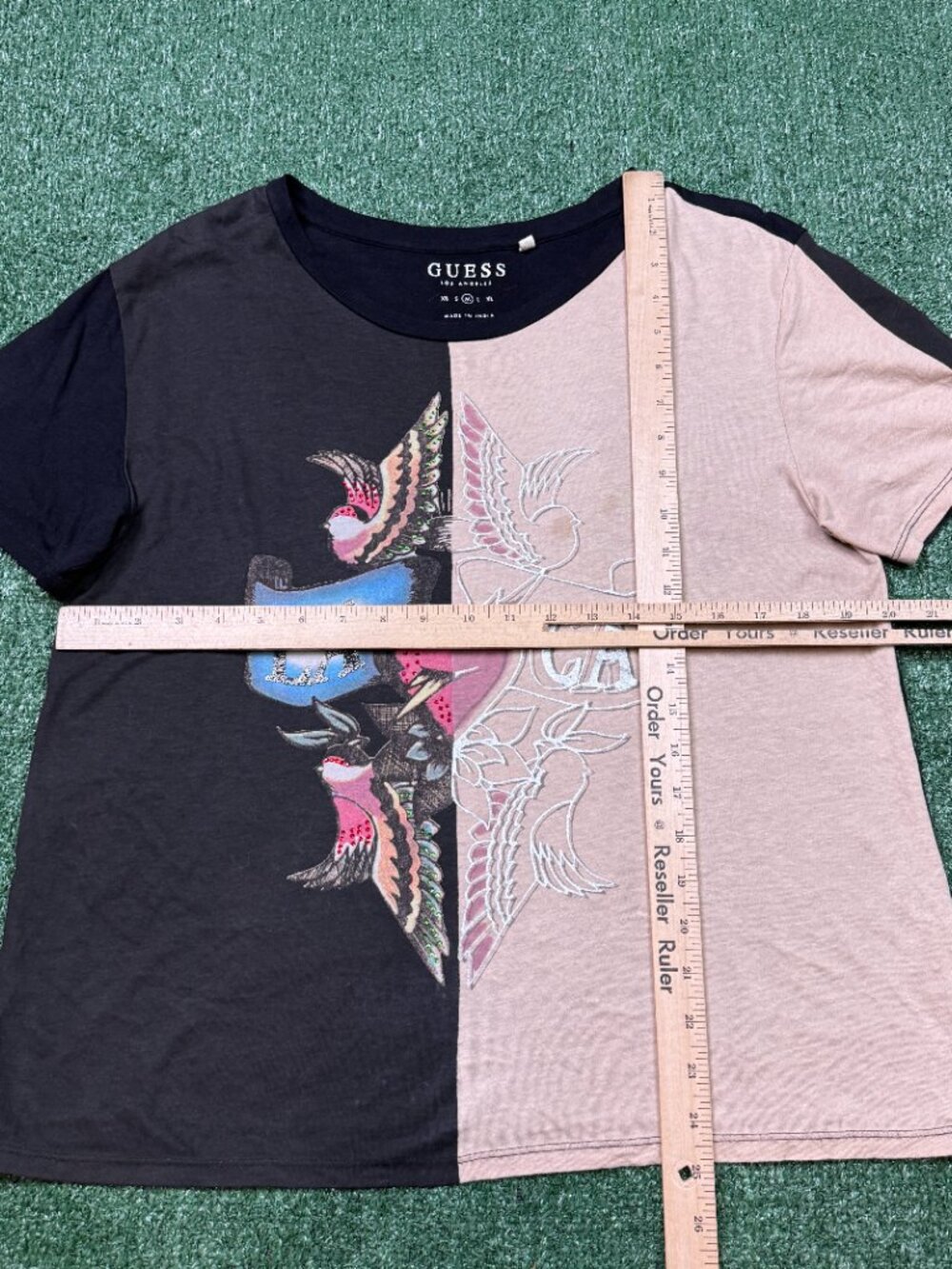 Guess T Shirt Women's Size M Brown Black Cropped Short Sleeve Crew Neck Split - Picture 5 of 7
